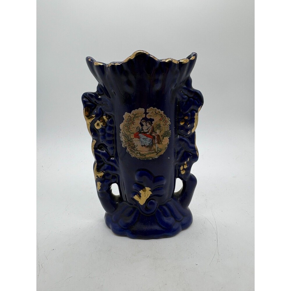 Vintage Cobalt Blue Gold Trimmed Courting Couple Vase Double Handle